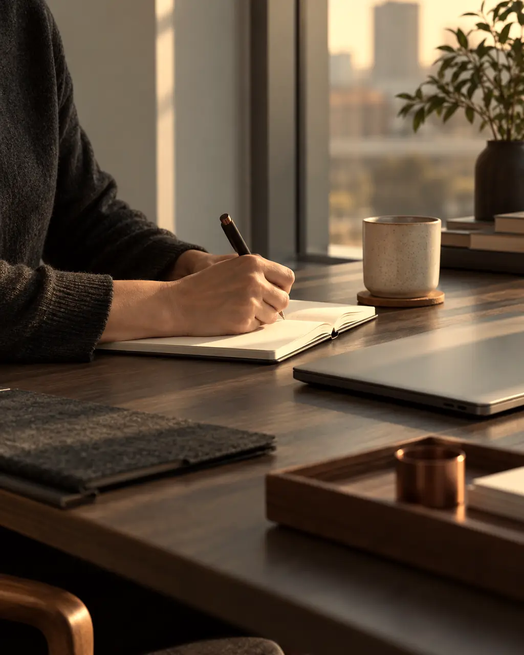 Una persona toma notas en un cuaderno junto a una ventana