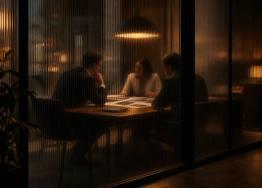 Tres personas conversan sobre unas hojas impresas en una mesa de reuniones, vistas a través de un cristal acanalado