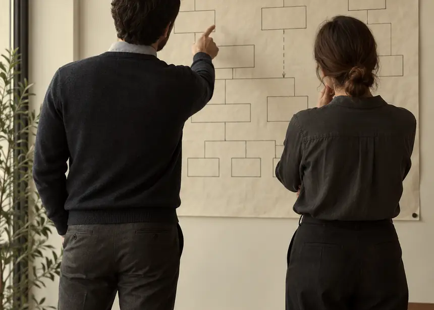 Dos compañeros revisan un organigrama dibujado a mano en la pared