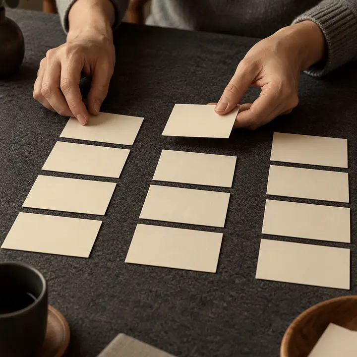 Unas manos ordenan tarjetas en blanco por columnas sobre una mesa