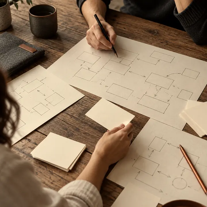 Dos personas dibujan un mapa de procesos en papel sobre una mesa de madera