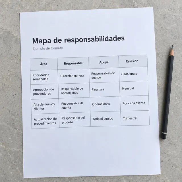Un mapa de responsabilidades de ejemplo impreso: cuatro áreas, cada una con su responsable, quién apoya y cuándo se revisa